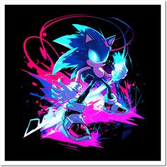 sonic the hedgehog in neon colors on a black background with pink and blue splots