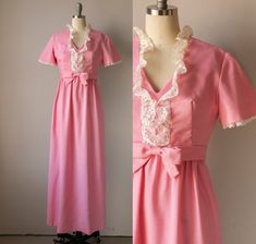 Pink Short Sleeve Maxi Dress With Lace Trim, Short Sleeve Maxi Dress With Lace Trim, Short Sleeve Maxi Dress With Lace Trim For Daywear, Short Sleeve Lace Trim Maxi Dress For Day, 60s 70s Fashion, Full Length Skirt, 70s Inspired Fashion, Vintage Prom, Full Length Skirts