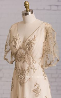 Sheath With Illusion Butterfly Sleeves V Back Embroidery Brush Train Vow Renewal Dress - Dorris Wedding 1930s Wedding Dresses, 1930s Glamour, Boho Wedding Dress With Sleeves, Wine Colored Dresses, Train Dress, Bohemian Wedding Dresses, Kimono Style, Butterfly Sleeves