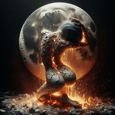 a woman is dancing in front of the moon with fire coming out of her legs