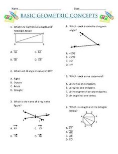 Free Basic Geometry Worksheet | Line Segments, Angles, and Shapes Practice Slope Math, Maths Geometry, Tutoring Ideas, Geometry Worksheets, Basic Geometry, Multiple Choice Questions, Math Work, 8th Grade Math, Homeschooling Ideas