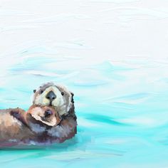 an oil painting of a sea otter floating in the water