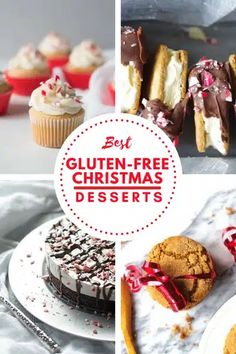 the collage shows different types of desserts on plates and in bowls, with text overlay that reads best gluten - free christmas desserts