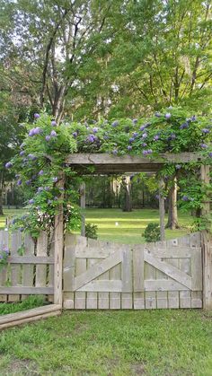 a wooden gate with purple flowers growing over it