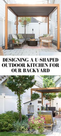 an outdoor kitchen and backyard area with the words designing a shaped outdoor kitchen for our backyard