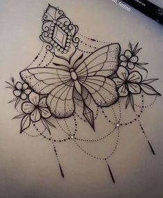 a drawing of a butterfly with flowers on it