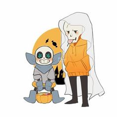 a cartoon character standing next to another character in front of a pumpkin and ghost costume