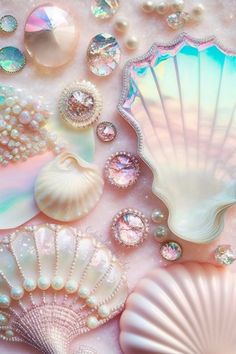 shells, pearls and other jewels on a pink background with pastel hues to the bottom