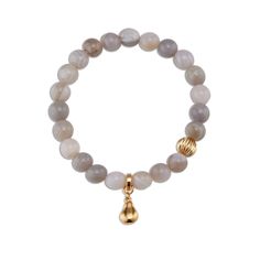 Grey banded agate crystal smooth gemstone elastic bracelet with 14k gold corrugated bead and pear charm. Newport Coast, Agate Bracelet, Banded Agate, Agate Crystal, Ring Size Guide, Agate Beads, Gemstone Bracelets, Agate Gemstone, Necklace Sizes