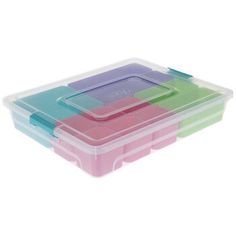 three plastic containers with lids and dividers on each side, one is filled with different colored