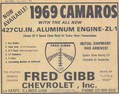 an old ad for the red gib chevrolet company, with information about its engine