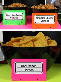 three different types of food on display in bowls with labels for the names and ingredients