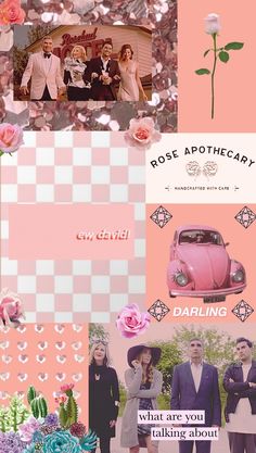 the collage has pink flowers and photos on it, as well as words that read rose apothecary