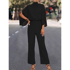 Season:Fall; Fabric:Polyester; Sleeve Length:3/4 Length Sleeve; Look After Me:Machine wash; Gender:Women's; Style:Casual,Streetwear,Elegant; Elasticity:Micro-elastic; Occasion:Going out,Weekend,Work,Daily,Wedding,Street,Vacation; Fit Type:Regular Fit; Pattern:Solid Color,Striped,Color Block; Design:High Waist; Neckline:Stand Collar; Special Size:Normal; Jumpsuit Type:Jumpsuit; Front page:FF; Listing Date:09/18/2023; Production mode:External procurement Soiree Chic, Turtleneck Jumpsuit, Jumpsuit With Jacket, Turtleneck Cape, Neckline Pattern, Cape Jumpsuit, Collar Jumpsuit, Solid Color Outfits, Solid Jumpsuit