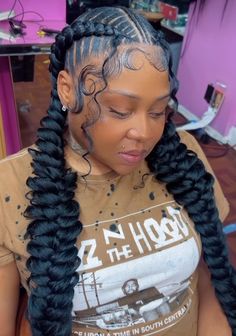 Feed In Braids 2023, Two Cornrows Black Women, Two Bohemian Feed In Braids, Braided Two Buns For Black Hair, 3 Braid Hairstyles, Three Feed In Braids, Braided Weave Hairstyles For Black Women, Next Hairstyle Ideas Black Women, Hair Styles With Weave Braided