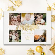 a holiday card with four photos and gold foil stars on the bottom, along with christmas decorations