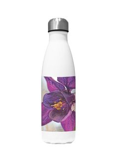 a purple flower on a white background water bottle