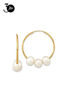 10k yellow gold 6-7mm semi-round white freshwater cultured pearl hoop earrings. Measure approximately 1 1/8"L x 1/16"W and have hidden wire and catch closure. Hoop Dangle Earrings, Pearl Hoop Earrings, Beads And Wire, Jewelry Trends, Metal Jewelry, Pendant Jewelry, Ring Earrings, Diamond Jewelry, Jewelry Sets