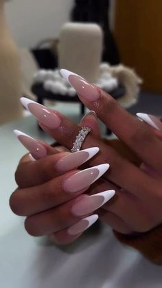 Neon Nail Ideas Bright Colors Dip, Trendy Nails Long Almond, Xl Almond Acrylic Nails, White French Tip Nails Stiletto, French Tip Stilleto Nail, Long Almond Acrylic Nails French Tip, French Tip Long Almond Nails, Long Almond Nails French Tip, French Almond Acrylic Nails