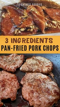 pork chops cooking in a skillet with text overlay that reads 3 ingredients pan - fried pork chops