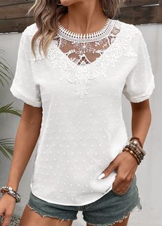 Non-stretch Short Sleeve Tops With Buttons, White Non-stretch Lace Trim Top, Casual Short Sleeve Tops With Lace Patchwork, White Short Sleeve Blouse With Lace Patchwork, White Lace Patchwork Short Sleeve Blouse, Short Sleeve T Shirt, Round Neck, T Shirt, White