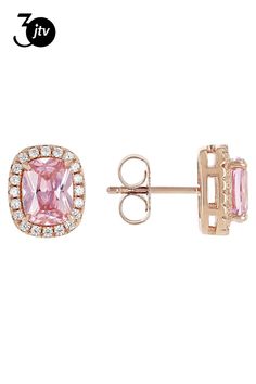 Bella Luce�� pink and white diamond simulants 5.64ctw rectangle cushion and round, Eterno��� 18k rose gold over sterling silver earrings. Measure approximately 0.44" L x 0.38" W and have push backings. The diamond equivalent weight is 3.41ctw. Pink Gold Cubic Zirconia Jewelry With Prong Setting, Rectangular Halo Fine Jewelry, Rose Gold Jewelry With Pave Setting In Cubic Zirconia, Rose Gold Cubic Zirconia Jewelry With Pave Setting, Formal Pink Gold Jewelry With Prong Setting, Formal Rose Gold Cushion Cut Jewelry, Pink Cubic Zirconia Jewelry With Halo Design, Rectangular Rose Gold Sterling Silver Jewelry, Classic Pink Gold Jewelry With Prong Setting