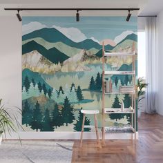 a room with a large painting on the wall