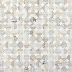 a white marble and wood mosaic tile wallpaper with circles in different shades of grey