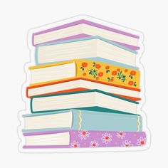 a stack of books with flowers on the top sticker is in front of a white background