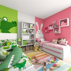 a child's bedroom decorated in pink, green and white with toys on the floor