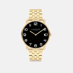 With clean lines and a modern minimalist sensibility the Elliot is a true design classic ready for workdays and weekends. This gold tone round watch features a dial detailed with our Signature marker at 3 o’clock. | Coach Elliot Watch, 41 Mm - Gold Round Watch, 3 O Clock, Minerals Crystals, O Clock, Quartz Movement, Clean Lines, Accessories Watches, Modern Minimalist, Quartz Crystal