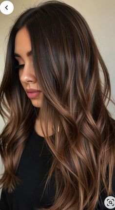 Hair Dye Balayage Dark Brown, Haircut With Hair Color, Brown Hair And Caramel Balayage, Dark Hair Brown Balayage, Dark Caramel Hair With Highlights, Dark Color With Highlights, Dye Brown Hair Ideas, All Over Brown Hair Color Fall, Ashy Caramel Balayage On Dark Hair