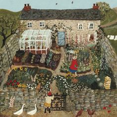 a painting of a garden with chickens and flowers