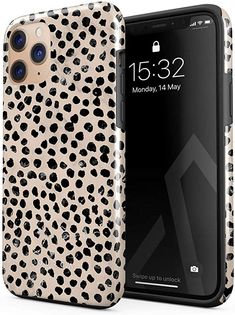 the back and side of an iphone case with leopard print in black, beige and white