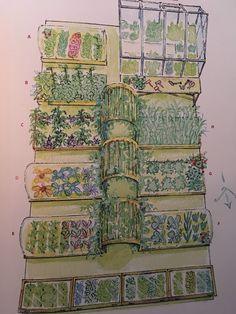 a drawing of a tower with many plants growing in it