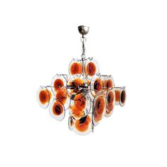 a glass chandelier with orange flowers on it's center and five lights hanging from the ceiling