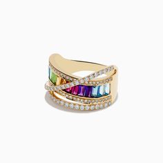 Effy Mosaic 14K Yellow Gold Semi Precious and Diamond Crossover Ring Multicolor Brilliant Cut Ring, Rainbow Multi-stone Rings In 14k Gold, 14k Gold Rainbow Multi-stone Rings, 14k Gold Rainbow Rings With Multi-stone, Dazzling Multi-stone 14k Gold Jewelry, Dazzling 14k Gold Multi-stone Jewelry, Multicolor 14k Gold Jewelry With Prong Setting, Fine Jewelry Multicolor Brilliant Cut, Multicolor Brilliant Cut Fine Jewelry