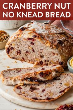 cranberry nut no knead bread on a plate