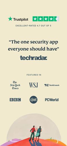 an advertisement for techradar with two people walking in the background and text that reads'the one security app everyone should have '