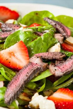 Steakhouse Strawberry & Spinach Salad Steak House Salads, Steak Spinach Salad, Steak Salad Dressing Vinaigrette, Blackened Steak Salad, Steak Sides, Spinach Strawberry Salad, Grilled Steak, Spinach Salad, Spinach