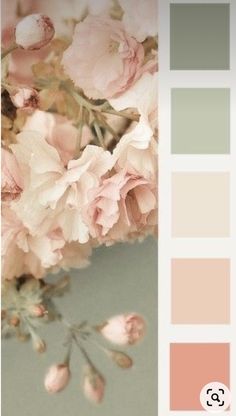 a bouquet of pink flowers sitting on top of a table next to a color swatch