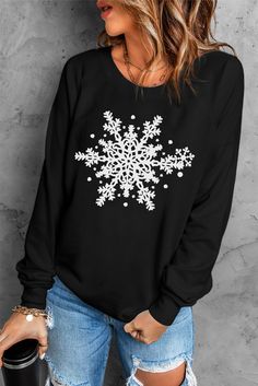 Black Exquisite Snowflake Zoom Printed Sweatshirt Black Long Sleeve Christmas T-shirt, Black Long Sleeve Christmas Sweatshirt, Casual Black Christmas Sweatshirt, Black Long Sleeve Christmas Tops, Image Chat, Denim And Lace, Christmas Hoodies, Christmas Women, Ugly Sweater