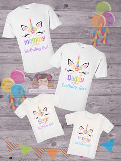 three t - shirts with unicorn faces and the words daddy, birthday girl on them