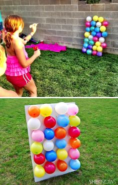 some kids are playing with balloons in the yard and on the lawn, one girl is trying