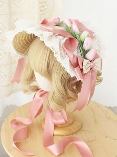 Tulip Design Bow Lace Trim Bonnet for Kids Spring Adjustable Bonnet, Cute Handmade Pink Bonnet, Handmade Cute Pink Bonnet, Cute Adjustable Cream Bonnet, Cute Spring Hats, Pink Bonnet For Spring, Cute Pink Bonnet For Spring, Pink Spring Bonnet Cap, Cute White Cap Bonnet