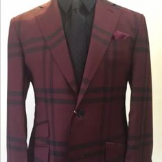 Brand New Burgundy/Black Burberry Print Super 150 Cerruti 1881 Wool Suit With Flat Front Pant. Notch Lapel. Ten Inch Double Vent. Ticket Pocket. Sold For 3 Times What It’s Offered Here. Blue Striped Suit, Blue Pinstripe Suit, Grey Sport Coat, Cashmere Suit, Charcoal Gray Suit, Burberry Print, Seersucker Suit, Cerruti 1881, Beige Suits