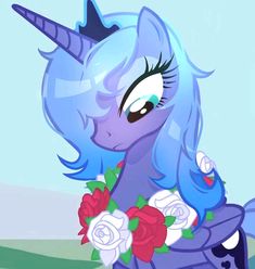 a blue pony with flowers around its neck