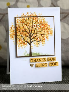 a handmade thank you card with an autumn tree