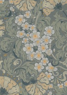 an abstract floral pattern with white flowers and green leaves on a gray background, suitable for wallpaper or upholstering