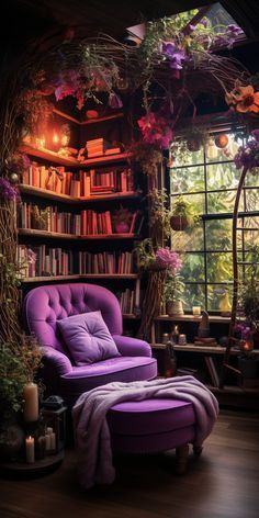 a purple chair sitting in front of a window next to a book shelf filled with books